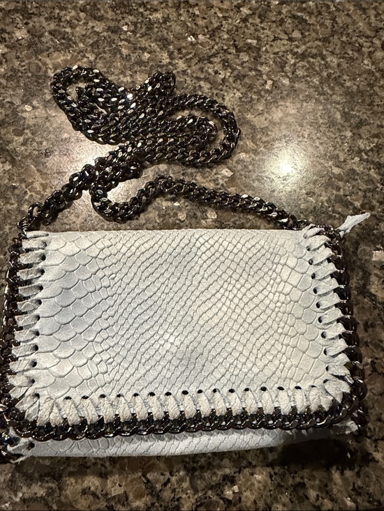 Handbags - Light Blue Snake-Embossed Crossbody Bag with Gunmetal Chain